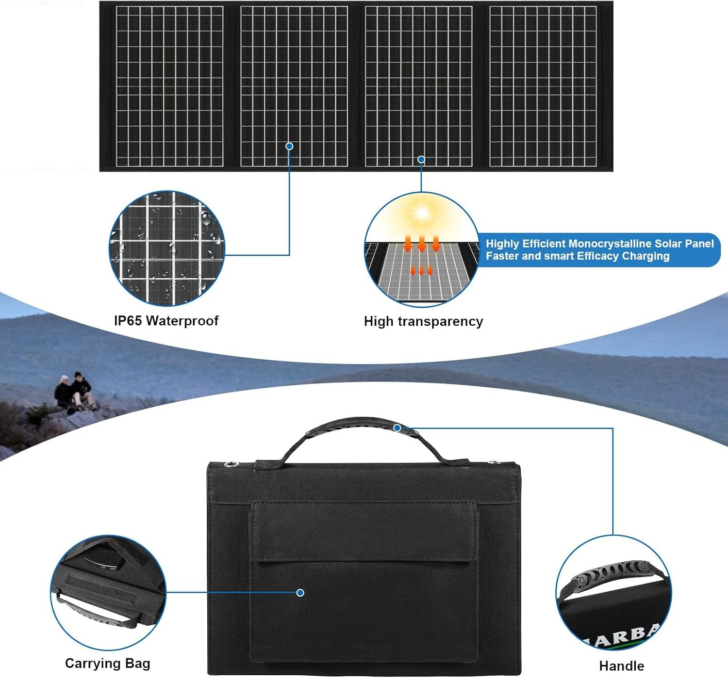 60watt Portable Solar Panels, Ip65 Waterproof Foldable Solar Panel Dual USB Ports QC3.0 DC 60W, Solar Charger for Small Power Station Camping Hiking Outdoor Activities - Image 3