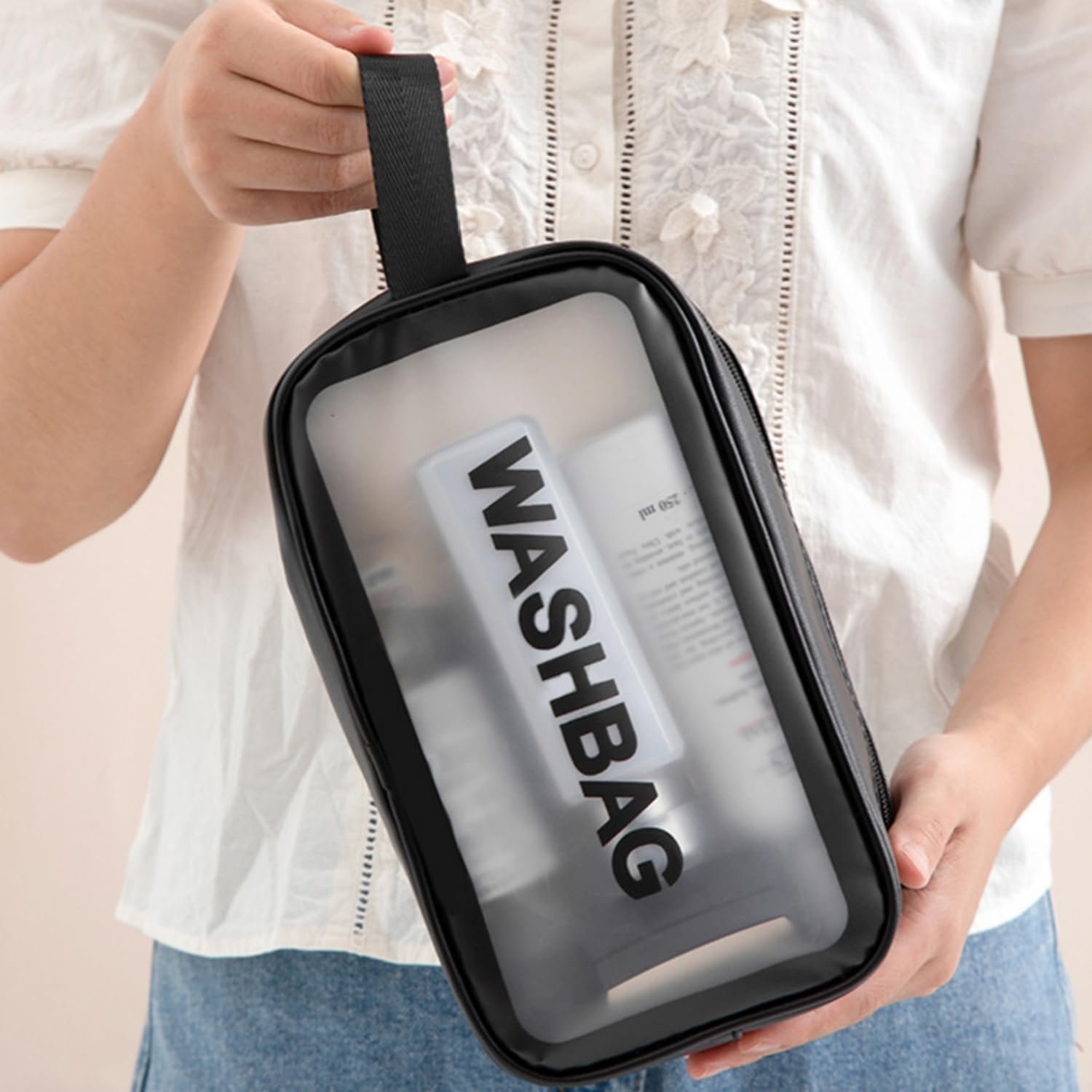 Black Travel Toiletry Bag, Waterproof Makeup Cosmetic Travel Organizer Bag for Women Men, Portable Translucent Storage Wash Bag with Handy Handle for Travel Bathroom Toiletries Accessories - Image 4