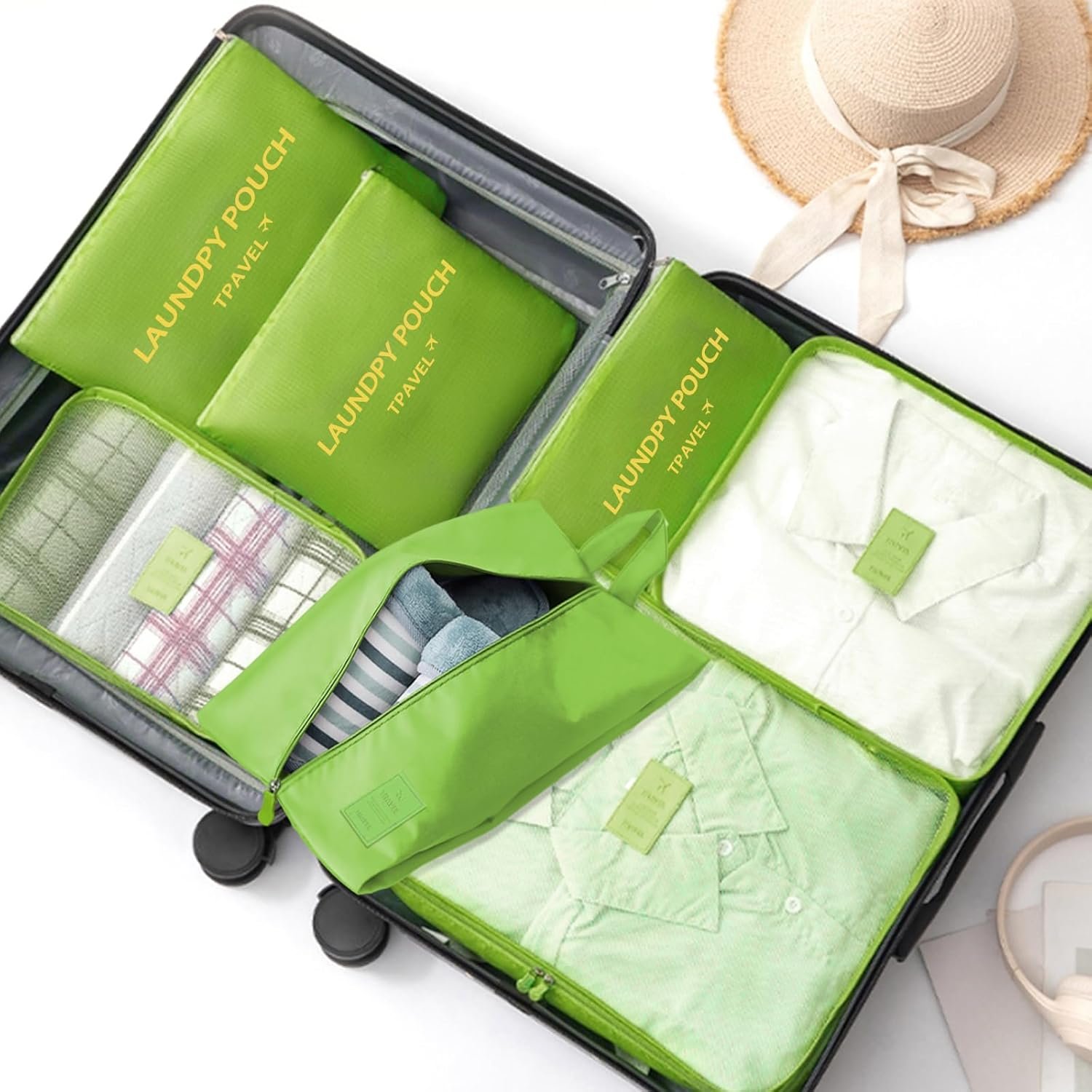 7 Set Packing Cubes for Travel Luggage Packing Bags Reusable Waterproof Suitcase Organizer Bags Set with Shoe Bag and Toiletry Bag (Green) - Image 2