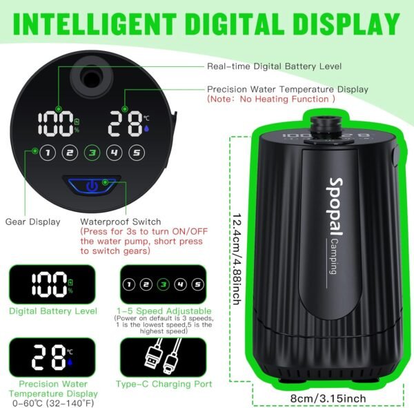 Portable Camping Shower - 10000mAh Rechargeable, 5-Speed, IPX8 Waterproof, LED Display Camp Shower Pump- Perfect for Hiking, Travel, Cars & Pets - Image 5