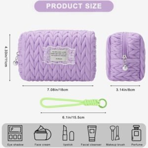DOB SECHS Small Quilted Makeup Bag Puffer Cosmetic Bag with Handle, Cotton Woven Puffy Toiletry Bag for Women, Cute Mini Makeup Pouch for Purse Quilted Travel Essentials Organized Pouch, Purple
