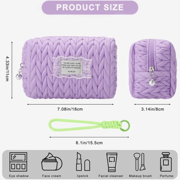 DOB SECHS Small Quilted Makeup Bag Puffer Cosmetic Bag with Handle, Cotton Woven Puffy Toiletry Bag for Women, Cute Mini Makeup Pouch for Purse Quilted Travel Essentials Organized Pouch, Purple - Image 2