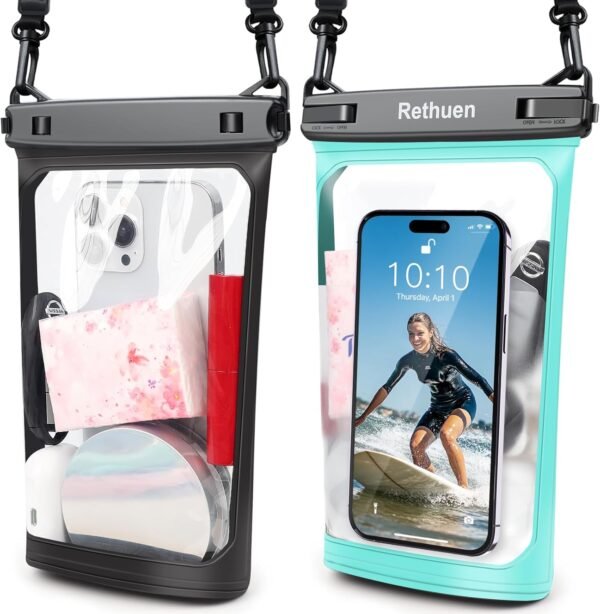 Large Floating Waterproof Phone Pouch, Cell Phone Dry Bag for iPhone 16 15 14 13 12 Pro Max Galaxy S24 S23 S22 All Phones, Float Water Proof Bag for Beach Water Park (Black + Lime Green)