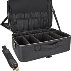 Relavel Extra Large Makeup Case Travel Makeup Bag Professional Leather Artist Bag Portable Cosmetic Brush Holder Organizer Nail Organizer Box with Adjustable Dividers