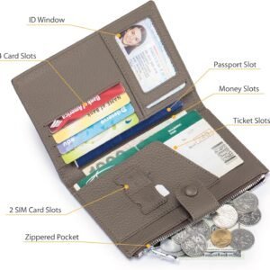 Leather Passport Wallet for Women, Slim RFID Blocking Passport Holder, Compact Travel Wallet with Zippered Coins Pocket and SIM Slots, Ladies Passport Cover