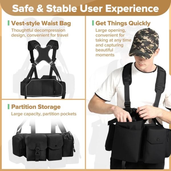 Camera Strap Chest Pack Waterproof Multifunctional Camera Bag Vest Waist Pack Adjustable Strap Suitable for Storing DSLR Camera Body Lens Smartphone Water Bottle(Black) - Image 4