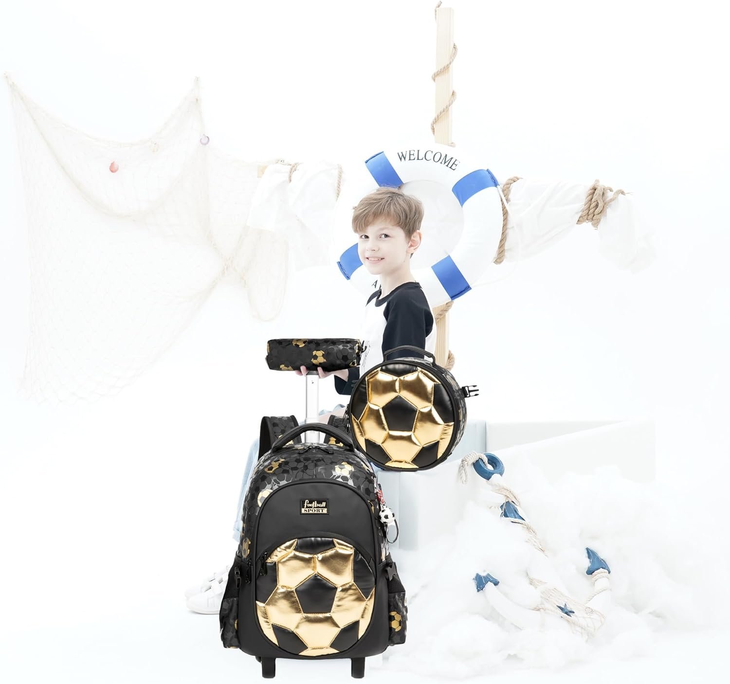 Kids Rolling Backpack Roller Backpack with Wheels Elementary Kindergarten School Students Football Trolley School Bag for School Boys - Image 6