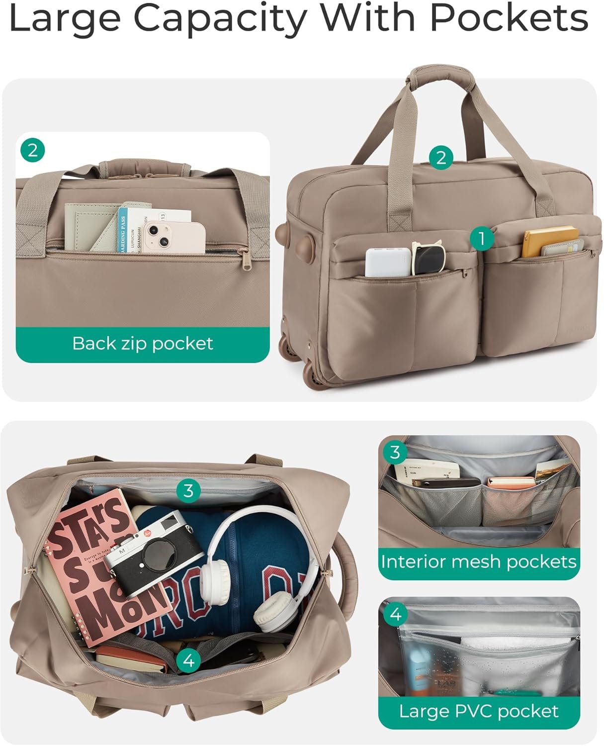 BAGSMART Rolling Duffle Bag with Wheels, Carry On Wet Pocket Duffel for Travel with Handle, Brown - Image 3