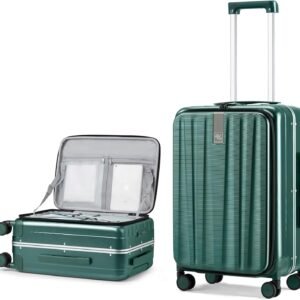 Hanke 24 Inch Checked Luggage Front Opening Rolling Suitcase Hard Sided Luggage with Spinner Wheels Travel Luggagefor Woman Men.(Dark Green)