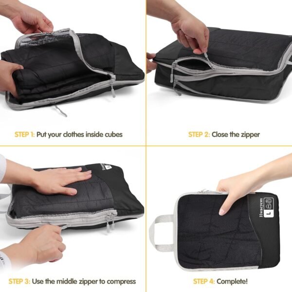 Compression Packing Cubes 8 Set, Dual Zipper Compression Packing Cubes for Travel, See-Through Mesh Packing Bags for Suitcases, packing cubes with shoe bag (Black) - Image 6