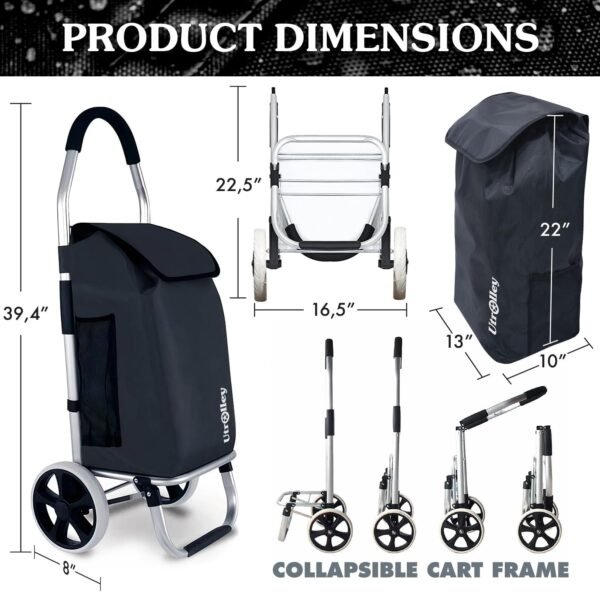 Ultra Lightweight Foldable Shopping Cart for Groceries, Large 40L Capacity Groceries Cart on Soft Rolling Wheels, Removable Bag, Multi-Use Personal Hand Truck (Black) - Image 2