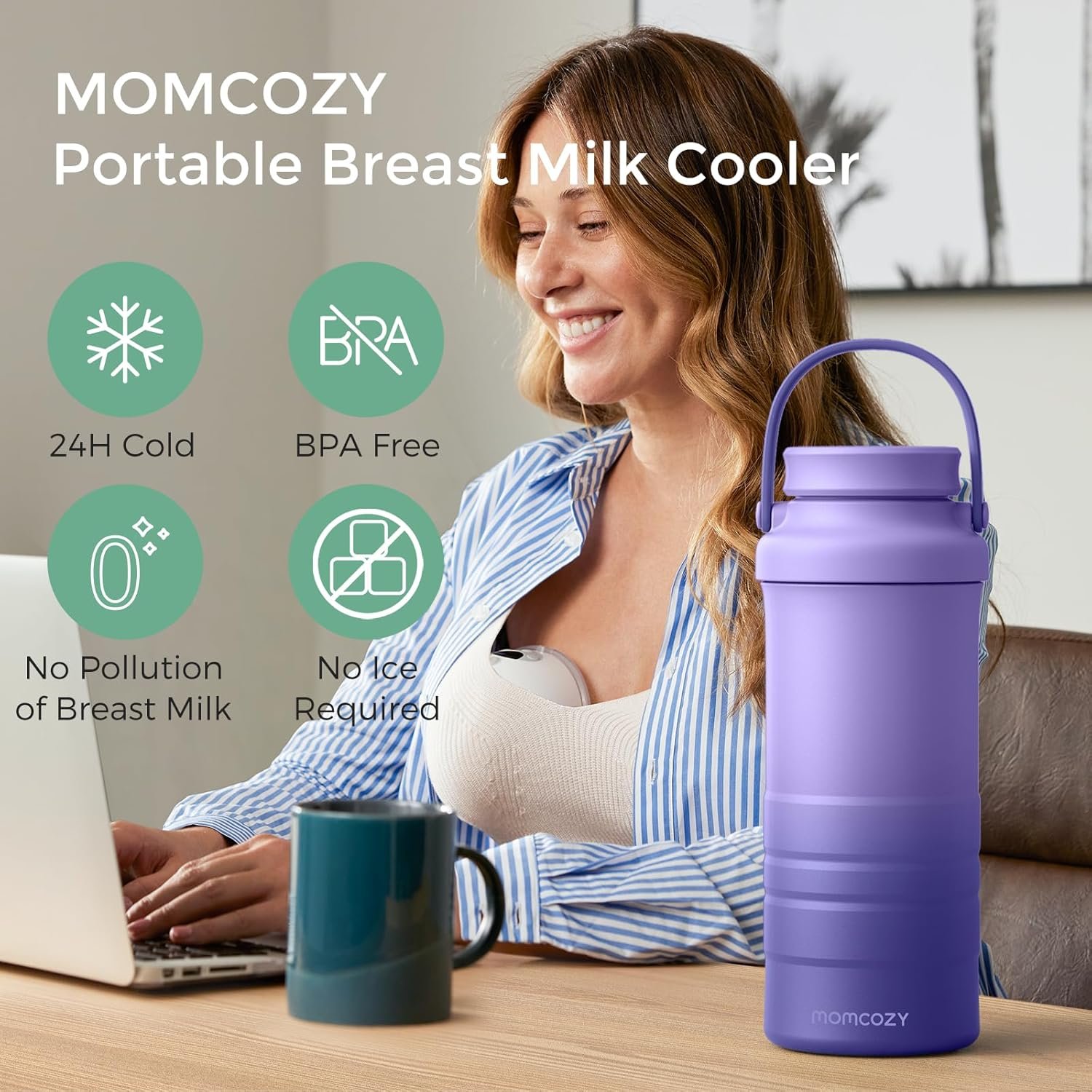 Momcozy 22oz Portable Breast Milk Cooler for Outdoor, Life Saver with 360° Total Cooling for 24 Hours, Larger Capacity Travel Breastmilk Chiller with 2pcs Baby Bottles for Breastmilk Storage, Purple - Image 2