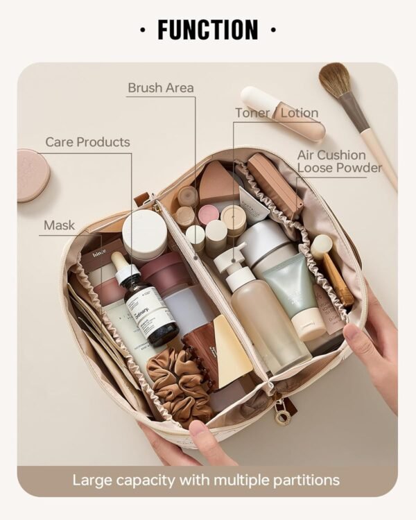 EACHY Travel Makeup Bag, Large Capacity Cosmetic Bags for Women, Waterproof Portable Pouch Open Flat Toiletry Bag Pattern Make up Bag (F-Beige) - Image 2