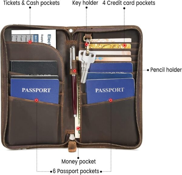 Polare Full Grain Leather Family Travel Passport Wallet and Documents Organizer RFID Blocking Case Holder Fits 6 Passports for Men and Women - Image 2