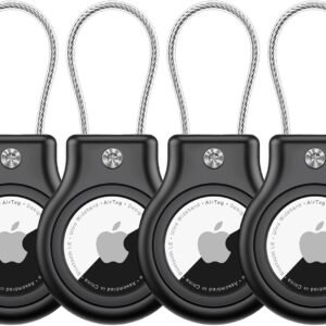 Waterproof Airtag Holder,4 Pack Airtag Keychain with Secure Lock,Airtags Case for Apple Airtag,Anti-Lost Protective Case Air tag Accessories for GPS Item Finder Tracker Luggage, Bag,Key,Pet,Black