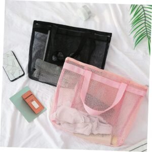 Mesh Travel Toiletry Bag with Hanging Hook Lightweight Portable Shower Organizer for Bath Sauna Spa Gym and Beach Use Polyester Cosmetic Wash Bag Black