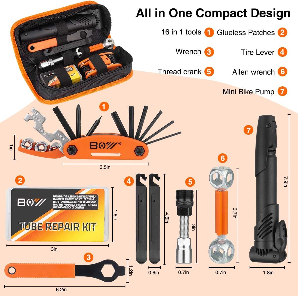 Bicycle Repair Bag With Tire Pump, Portable Tool Kit for Camping Travel - Patches, Inflator, Maintenance Essentials All in One Safety Kit - Image 2