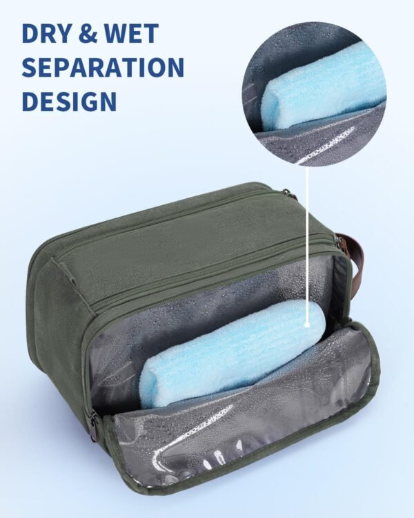WANDF Toiletry Bag for Men Travel Toiletry Organizer Canvas and Leather Dopp Kit Water-Resistant Shaving Bag for Travel Accessories (Green, Large) - Image 2