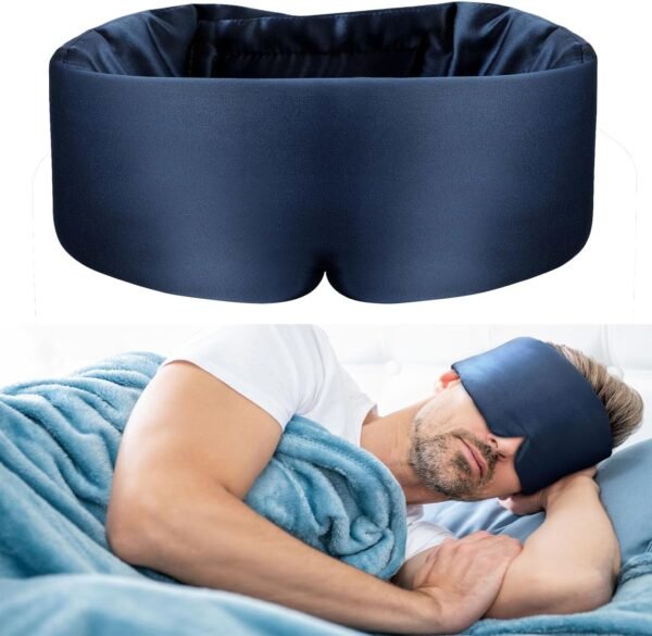 Nature Silk Sleeping Mask Soft Featherweight Eye Mask Large Wrap-Around Blindfold with Adjustable Velcro Blackout for Wild Sleeper Nose Cut (NavyBlue)