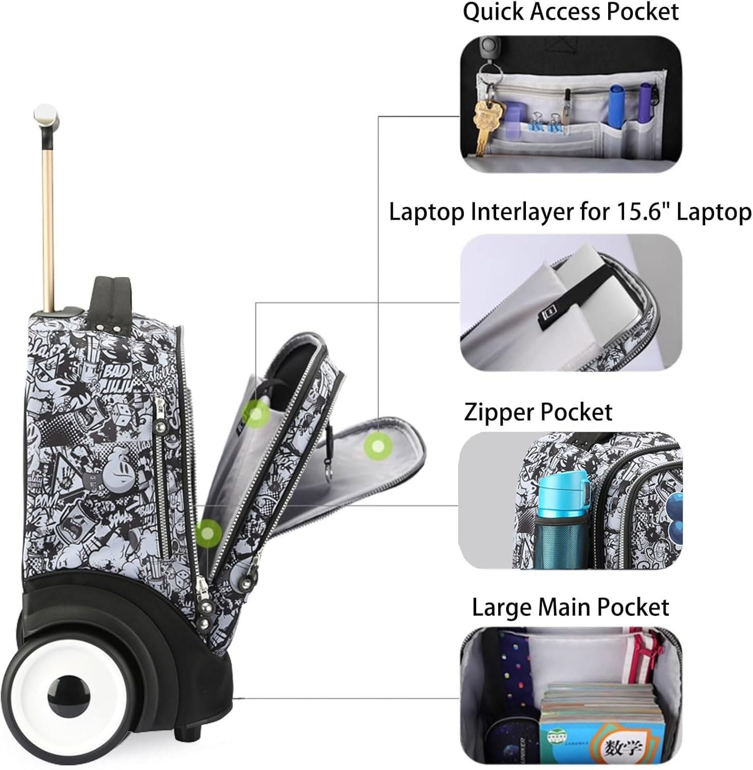UNIKER Rolling Laptop Bag for Laptop,Wheeled Backpack for Adult,Wheeled Suitcase,Softside Trolley Bag with Laptop Compartment - Image 4