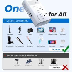 DOACE 220V to 110V Converter for European Travel – 350W Voltage Converter US to Europe with 4 QC+PD Chargers for Using U.S. Devices Abroad – Hair Straightener Shaver Toothbrush Laptop Camera Phone