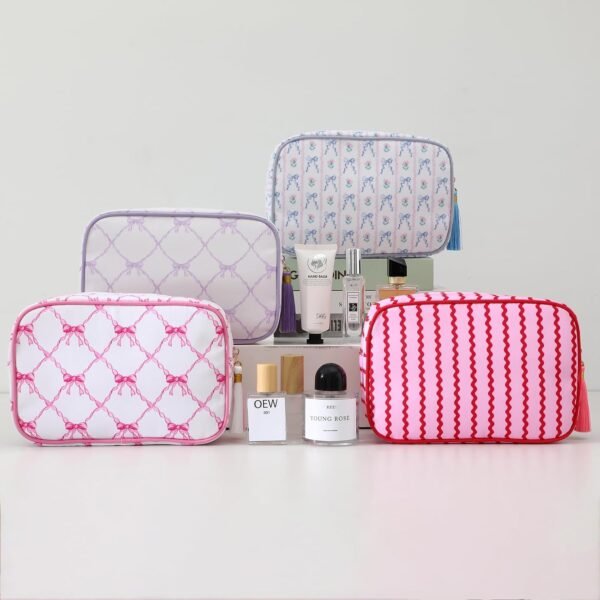 Stripe Makeup Bag Travel Cosmetic Bag Organizer Tassel Toiletry Bag Large Canvas Zipper Pouch and Accessories Storage Bag for Women - Image 7