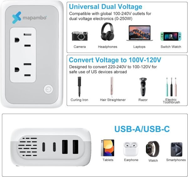 220V to 110V Converter, Mapambo 250W Voltage Conterver US to Europe, Step Down Converter for Curling Iron, Straightener-2 AC Sockets with 2 USB-A & 2 USB-C Ports - Image 3