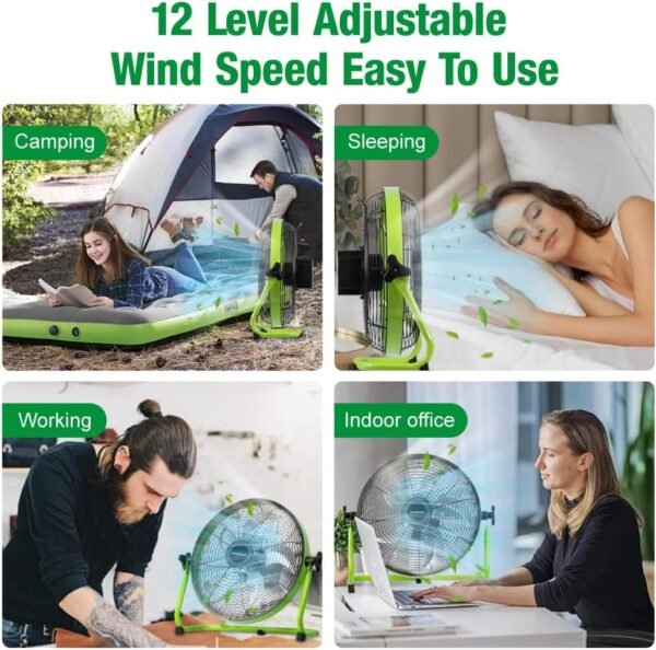 12'' Solar Powered Floor Fan Rechargeble,18000mAh Battery Operated Fan 5-Blade Solar Portable Outdoor Fan 360° Tilt for Outside, Greenhouse, Camping, Shed - Image 7
