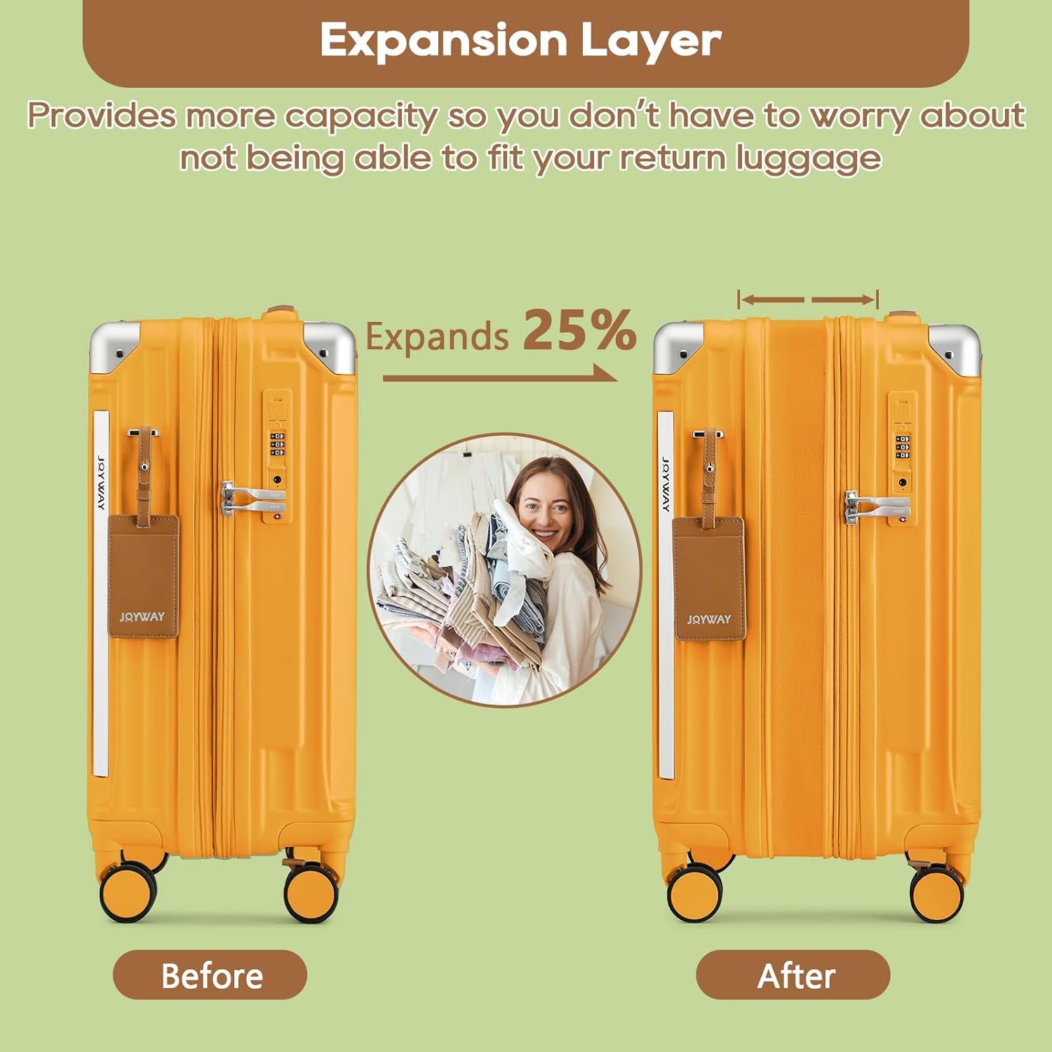 Joyway 20in Carry On Luggage with Cup Holder and USB Port, 25% Expandable Capacity, Smart Suitcase with Anti Slip Wheels and Handbag, Perfect for Men and Women 3 Piece Set Orange - Image 3