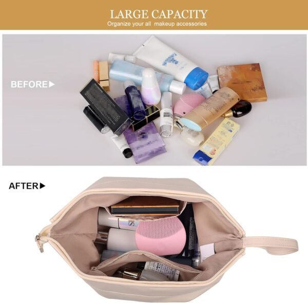 Abiudeng Large Capacity Makeup Bag Ladies Cosmetic Bag Travel Bag with Compartments Portable PU Leather Travel Makeup Bag with Handle - Image 4