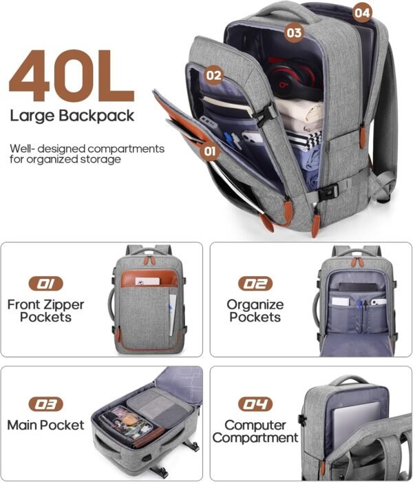 Travel Backpack, 17Inch Laptop Backpack, Carry-on Approved Bag for Men & Women, Waterproof Luggage with Packing Cubes, Shoe Pocket, Personal Item Size for Flights - Image 3