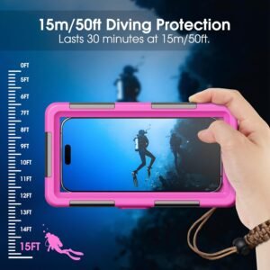 Underwater Snorkeling Diving Phone Case for iPhone 16/15/14/13/12/11 Pro Max/XS/X Galaxy S24/S23/S22/S21，[50ft/15m] Professional Scuba Dive Waterproof Case Underwater Photo Video （Pink）