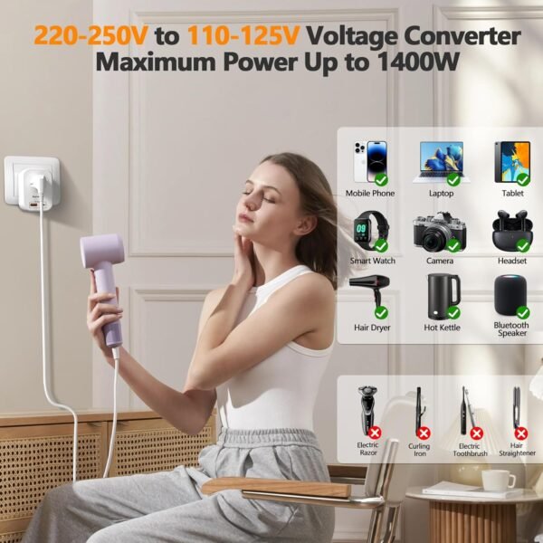 220V to 110V Voltage Converter US to Europe International Universal Travel Adapter, 20W PD With 2 USB-A 2 USB-C Port, Worldwide Power Converter Plug Combo US to Spain Italy Greece WHITE-I - Image 4