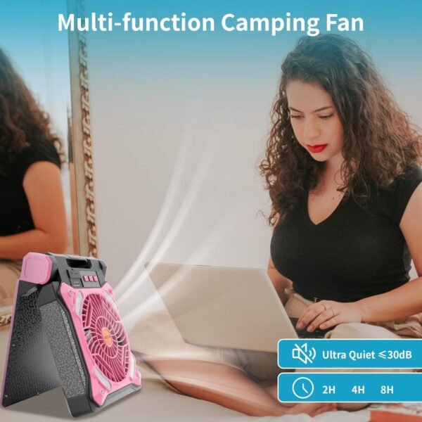 Solar Fan Battery Powered Rechargeable Solar Camping Fan with Led Lantern & Power Bank Foldable Angle USB Personal Fans for Travel Outdoor Camping Tents X98 Pink - Image 6