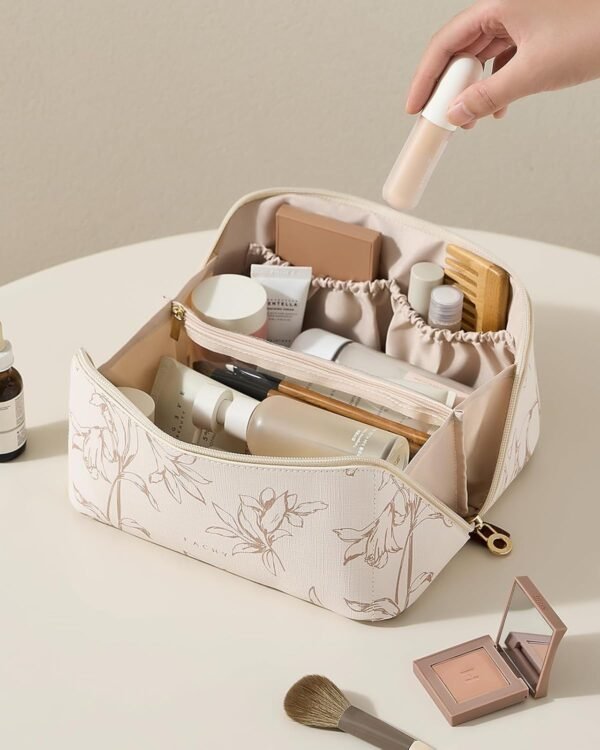EACHY Travel Makeup Bag, Large Capacity Cosmetic Bags for Women, Waterproof Portable Pouch Open Flat Toiletry Bag Pattern Make up Bag (F-Beige) - Image 7