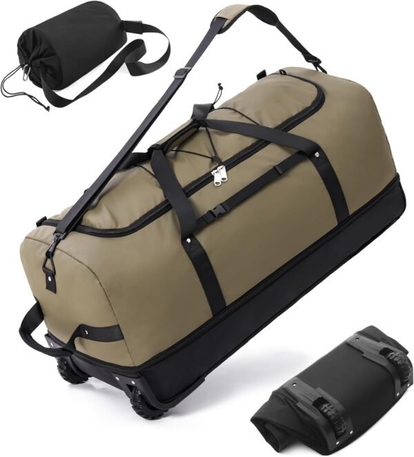 CONTAIL 32”110L Expandable 140L Rolling Duffle Bag with 2 Inline Wheels,Convertible Weekend Travel Bag with Bungee-Cord System,Army Green