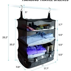 Grand Fusion Stow-N-Go Travel Luggage Organizer – Portable Hanging Travel Shelves, Carry-On Closet Organizer, Hanging Packing Cubes, Collapsible Carry-On Organizer for Cruises & Hotels. Black – XL