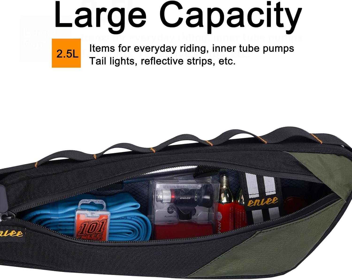 ENLEE Bicycle Frame Bag, 2.5L Large Reflective Mountain Bike Frame Bag, Waterproof & Shockproof Triangle Bike Bag Perfect Storage Tool For Road Gravel Bike, Easy Installation With Velcro Straps, Green - Image 3