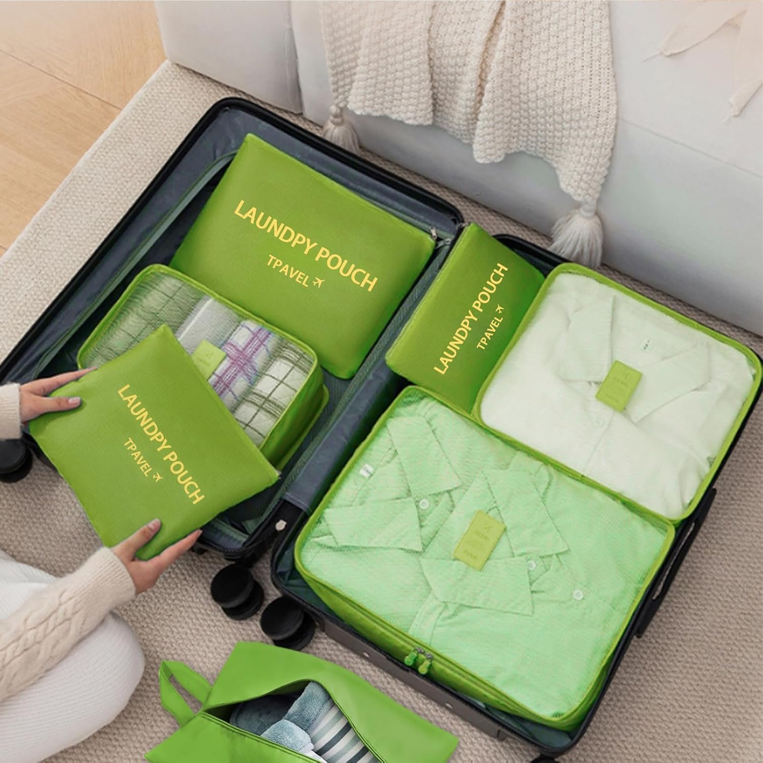 7 Set Packing Cubes for Travel Luggage Packing Bags Reusable Waterproof Suitcase Organizer Bags Set with Shoe Bag and Toiletry Bag (Green) - Image 9