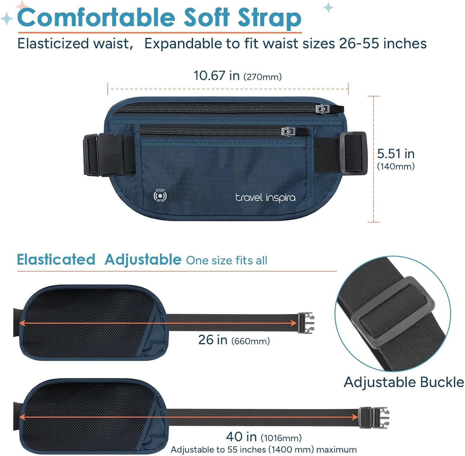 travel inspira Travel Money Belt with Slim Anti-Theft RFID Blocking Passport Holder for Travel Concealed under Clothes for Ultimate Protection of Credit Cards, Cash, Passport & Documents, Navy Blue - Image 6