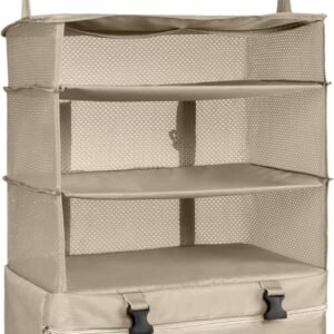 Portable Hanging Travel Shelves, Suitcase Organizer, Packing Cubes for Travel, Carry-On Closet Insert, X-Large Capacity Travel Bags Collapsible 4-Shelf Travel Closet with 2 Hooks (Beige)