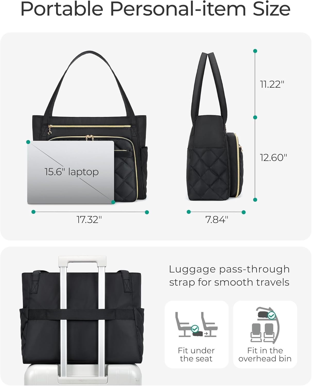 BAGSMART Teacher Tote Bag for Women 15.6in Quilted with Insulated Pocket & Nurse Bag Features (Black) - Image 6