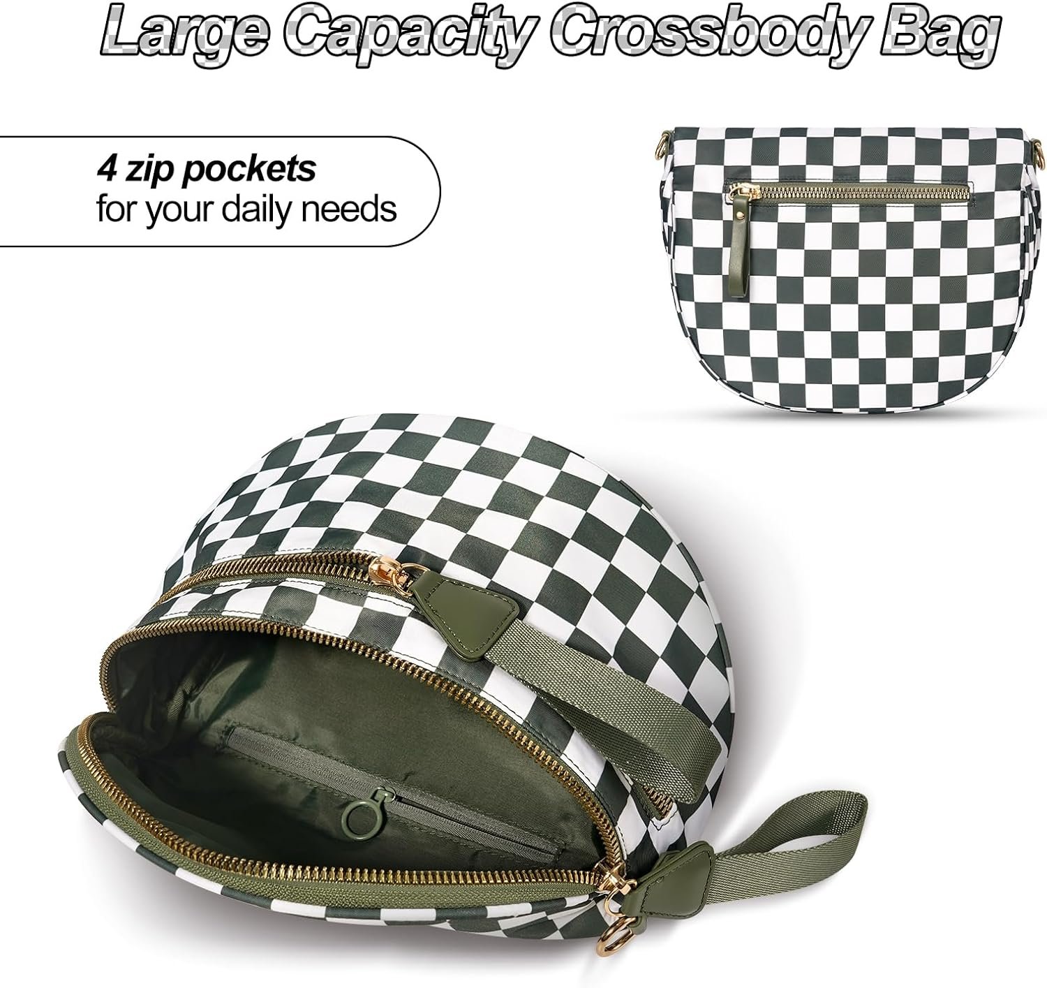Checkered Crossbody Bag,Nylon Bum Bags for Women Crossbody,Spacious Sling Bag Purse Fanny Packs with Shoulder Strap - Image 4