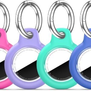 Upgrade Waterproof 4 Pack Airtags Holder with Apple Airtags Keychain, Hard PC Air Tag Case, Anti-Scratch & Shock Air tag Holder, Men’s Women’s Keyrings & Keychains -Rose Red+Purple+Blue+Green