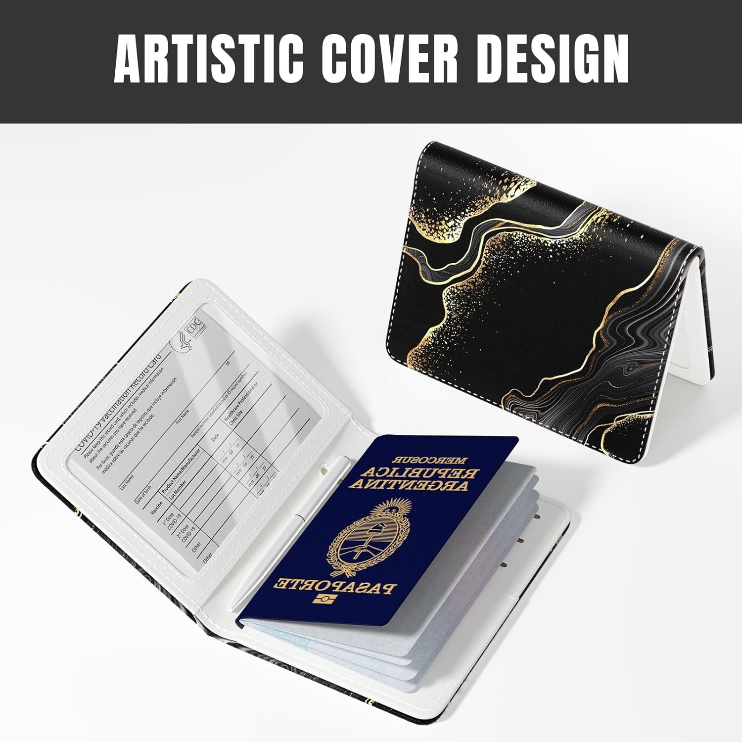 Rimilak Passport Holder, RFID Blocking Passport Cover Wallet Travel Essentials, Leather Travel Air Ticket Documents Organizer Protector for Women and Men, Gold Marble - Image 6