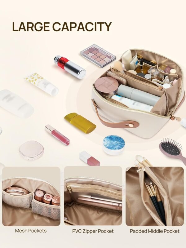 Telena Makeup Bag Large Capacity Travel Cosmetic Bag Portable PU Leather Water Resistant Makeup Organizer Bags for Women with Handle and Divider Open Flat Beige with Brown - Image 4