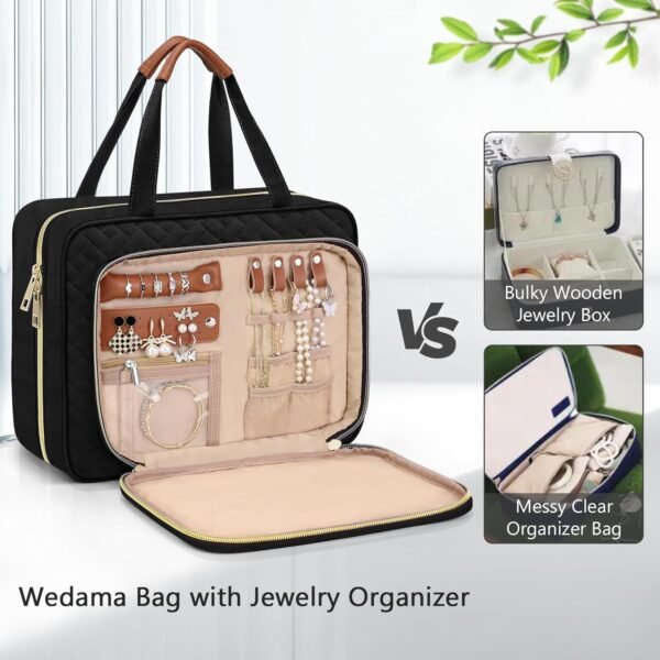 Wedama Toiletry Bag for Women, Hanging Travel Toiletry Bag with Jewelry Organizer Compartment Large Makeup Bag, PVC Waterproof Cosmetic Travel Bag for Travel Business Trips Camping Bathroom, Black - Image 3