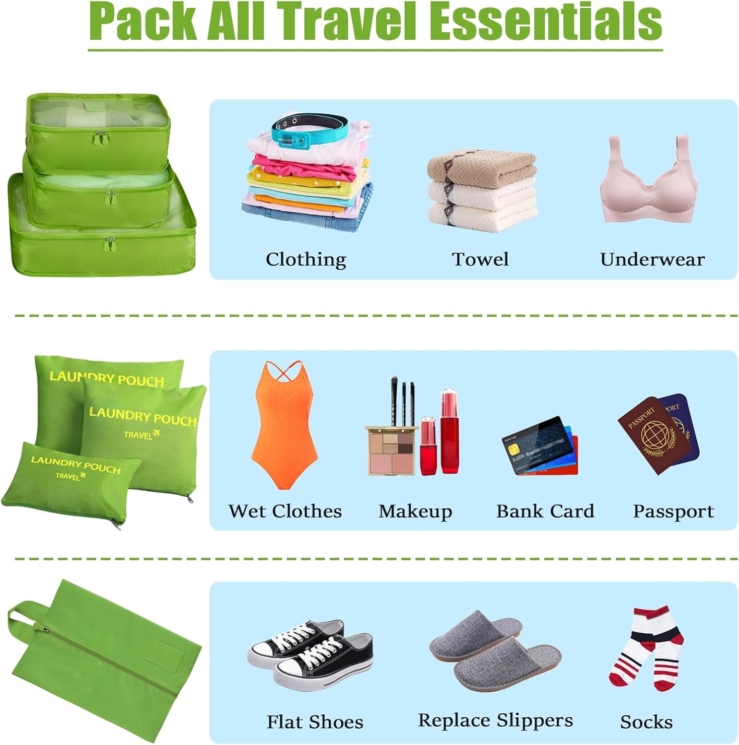 7 Set Packing Cubes for Travel Luggage Packing Bags Reusable Waterproof Suitcase Organizer Bags Set with Shoe Bag and Toiletry Bag (Green) - Image 6