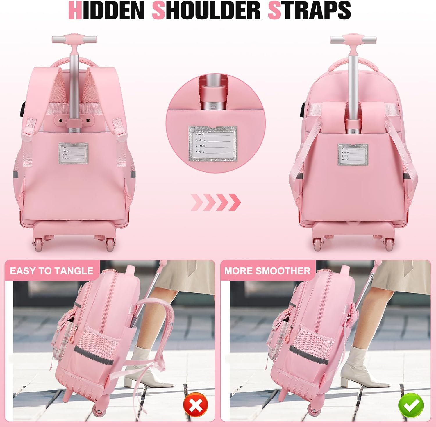 Rolling Backpack for Girls - Roller Wheels School Bookbag with Lunch Bag & Pencil Pouch for Teen Girls Kids Wheeled Suitcase Backpacks, Elementary Middle School Travel Daypack (Pink) - Image 5