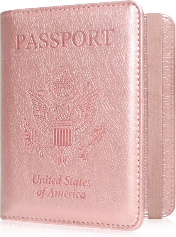 ACdream RFID BLOCKING Passport Holder Travel Wallet, Premium PU Leather Cover Passport Book with Card Holder, Pen Holder, Keep Organization, and Travel Essentials for Women and Men, Rose Gold